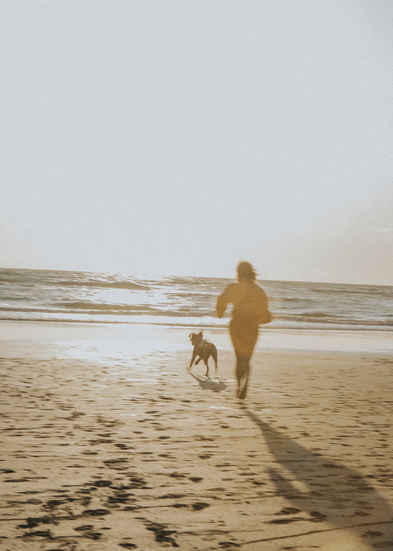 女人和她的狗在海滩上玩耍