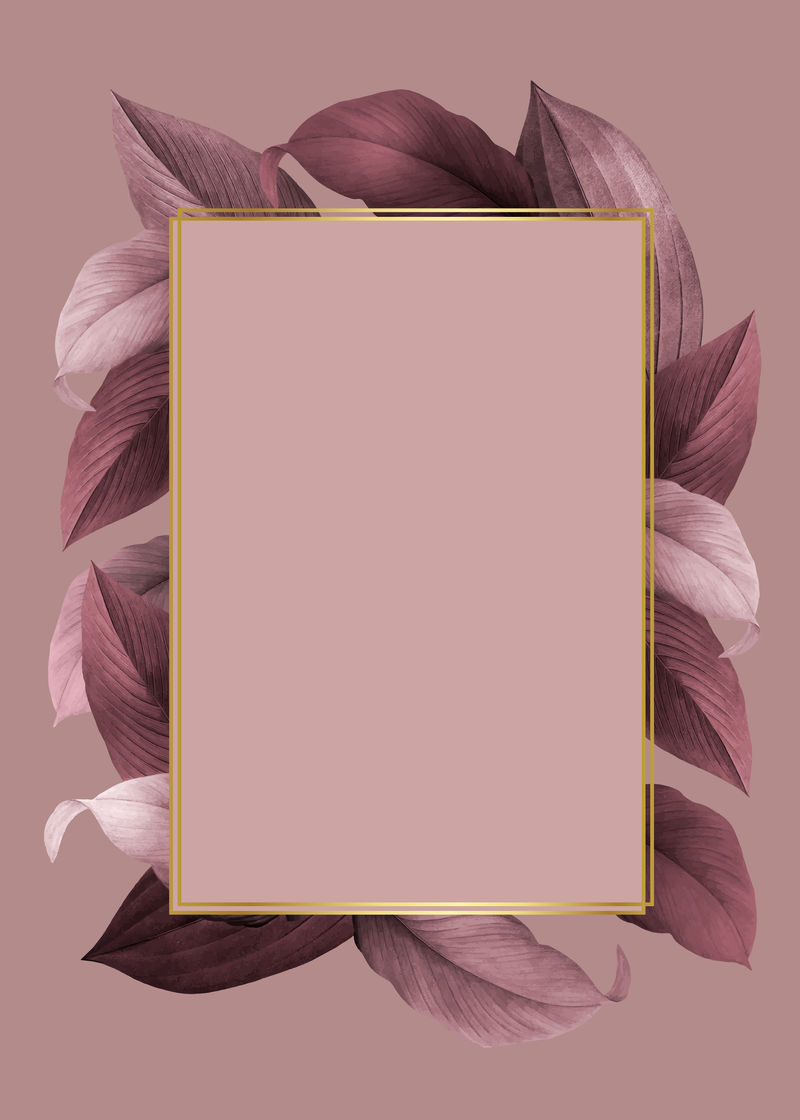 粉红色叶子背景向量上的金色边框