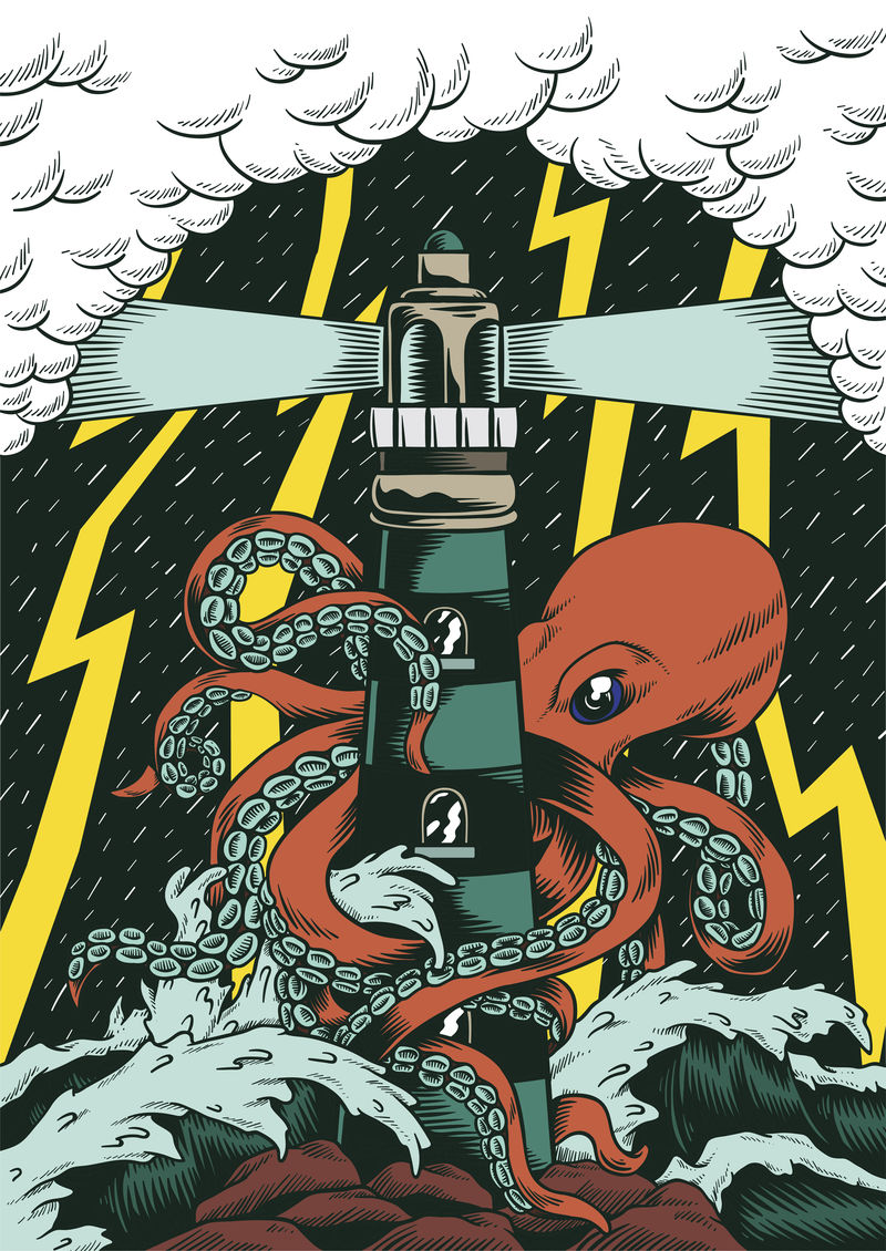 一种巨大的章鱼触须缠绕在灯塔上