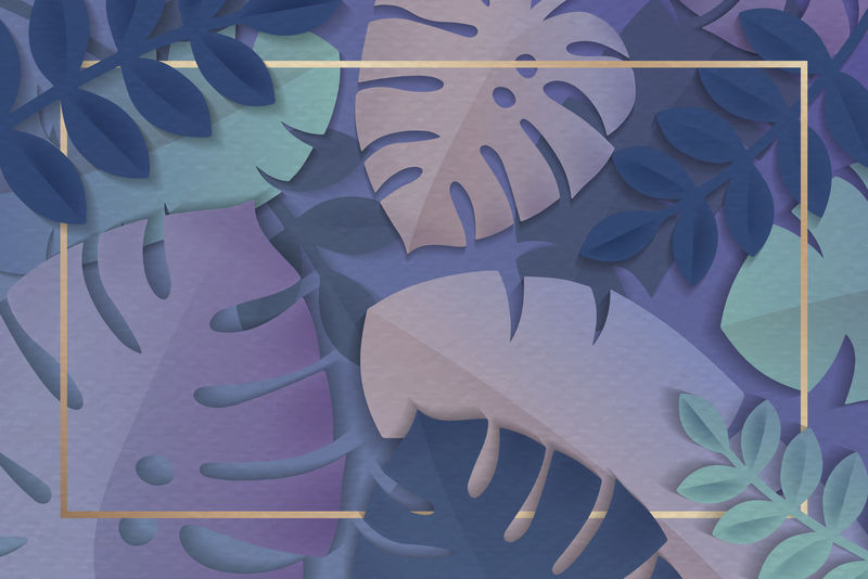 紫色热带树叶图案背景向量上的金色矩形框