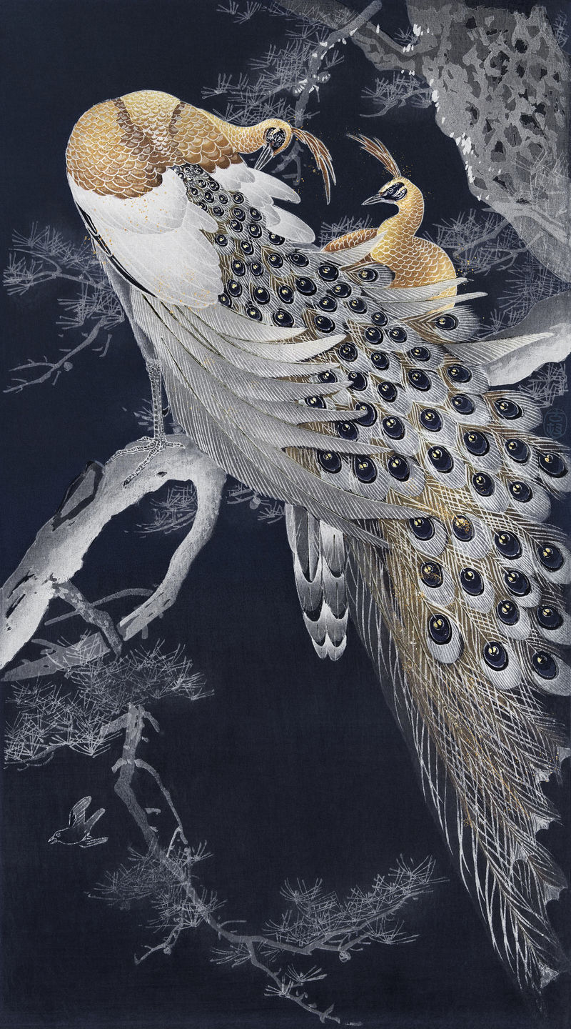 两个孔雀在树上复古的设计混合了原画的大原
