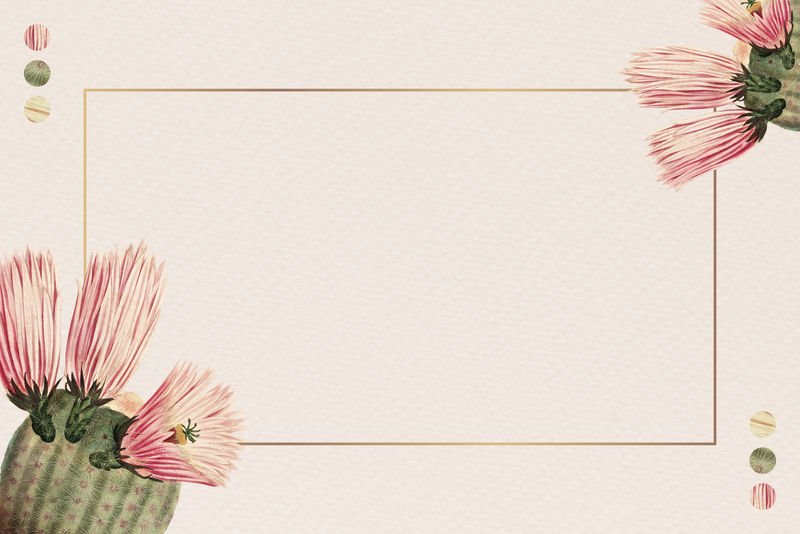 长方形金色框架与复古仙人掌纸背景设计元素