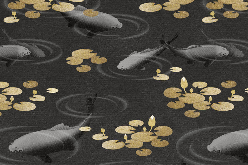 游泳金锦鲤配金色莲花图案背景插图