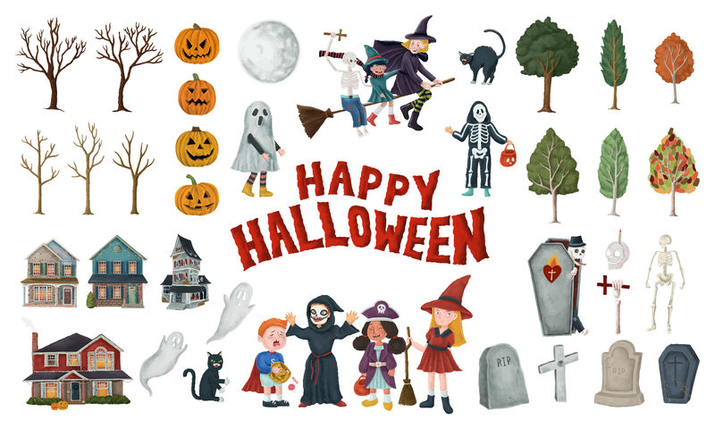 手绘万圣节快乐符号集