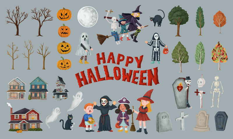 手绘万圣节快乐符号集