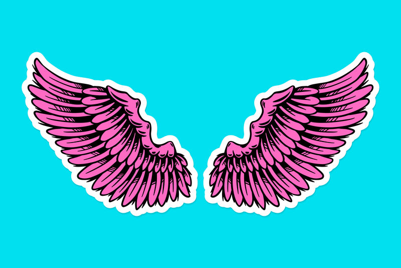 洋红色粉红色翅膀贴纸覆盖白色边界向量