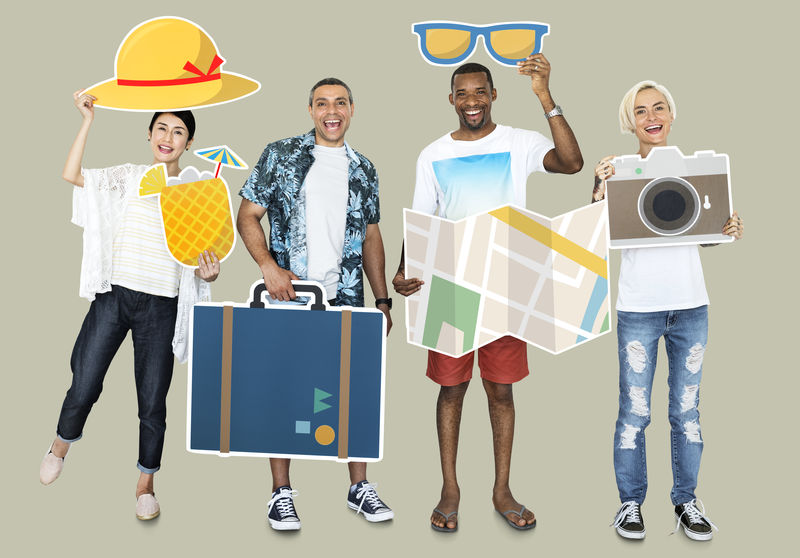 快乐多样的人手持旅游图标