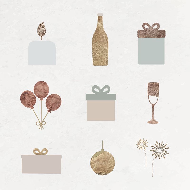 新年支柱蜡烛酒瓶礼品盒气球酒杯金球和烟花涂鸦纹理背景向量