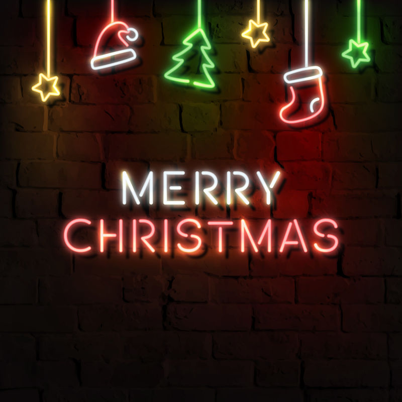 星星圣诞帽长袜松树和圣诞快乐霓虹灯在一个黑暗的砖墙矢量