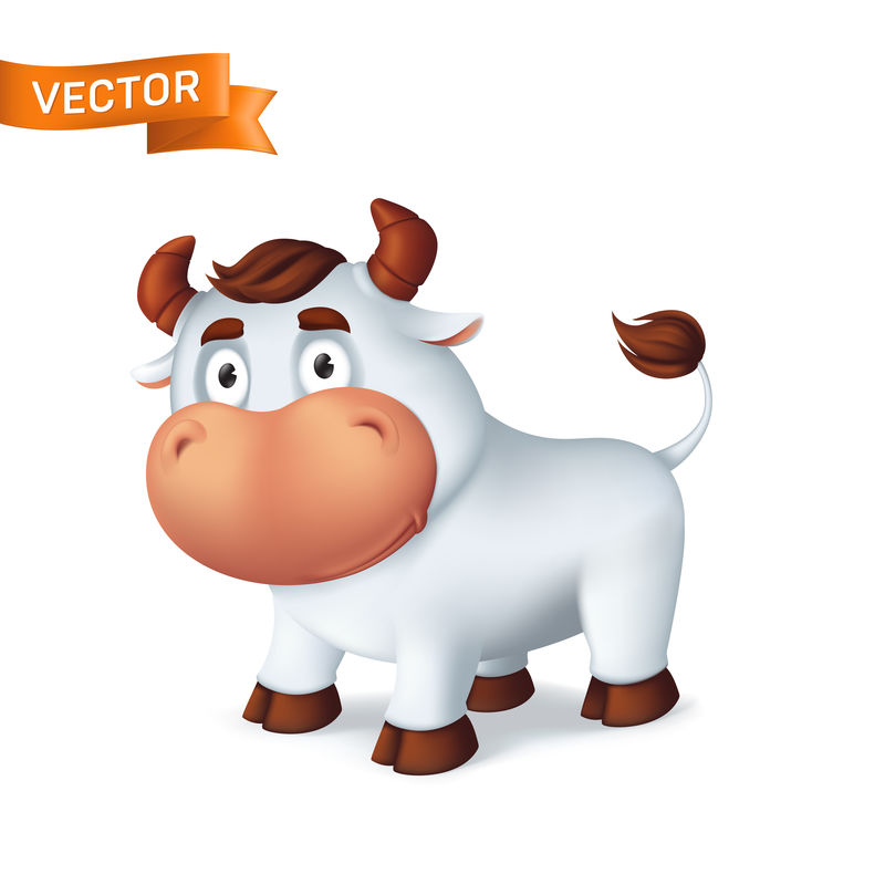 白色背景上隔离的微笑公牛的3d卡通矢量图