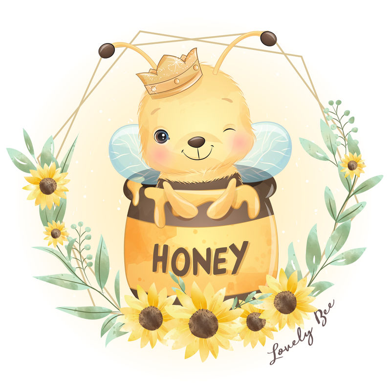 可爱的涂鸦蜜蜂和花卉插图