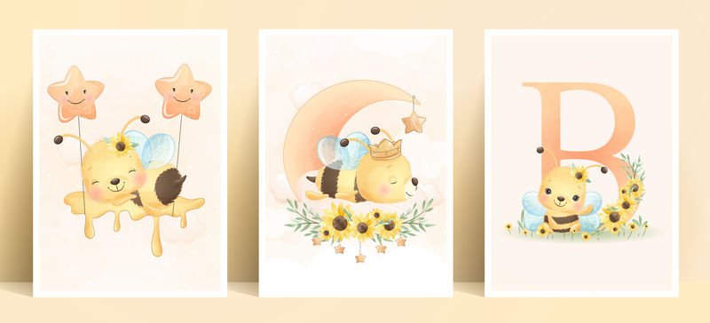 可爱的嘟嘟蜜蜂和花卉收集