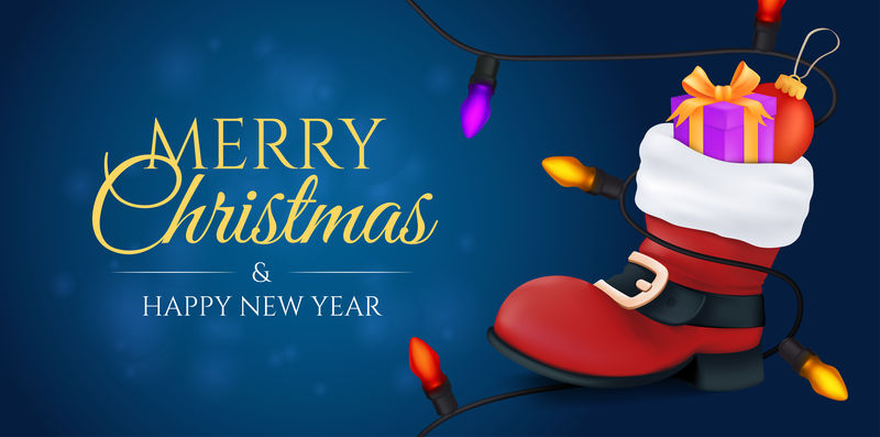 圣诞快乐，新年快乐。红色圣诞老人的靴子里装满了一个礼品盒和一个上面有五颜六色花环的球形玩具。具有bokeh效果的模糊背景矢量图