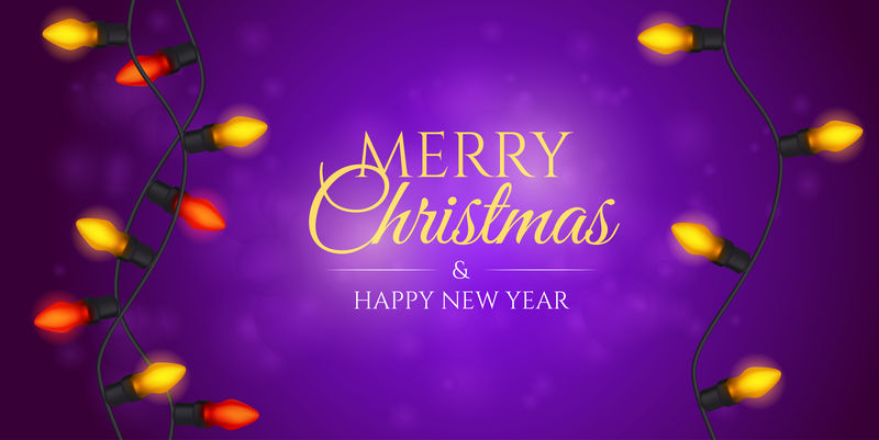 挂圣诞花环。带有装饰灯的圣诞横幅或贺卡。矢量现实插图节日彩色灯泡在粉红色的背景