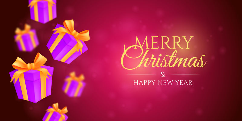 掉落的包装礼品盒。粉红色纸板包裹的矢量插图，金色蝴蝶结和缎带在红色模糊的背景上