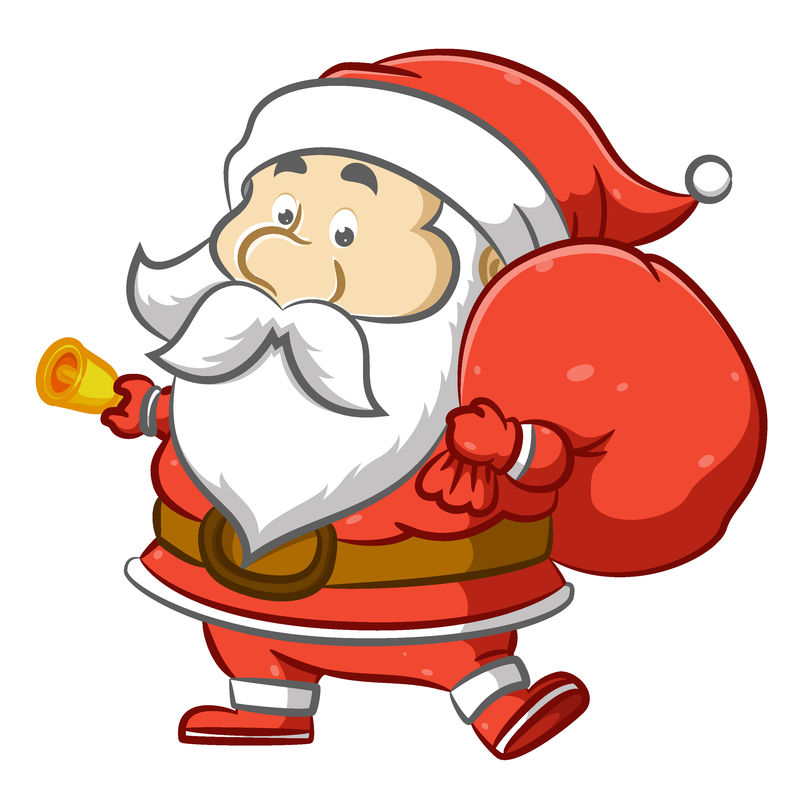 圣诞老人拿着一大袋红色的礼物和一个小铃铛