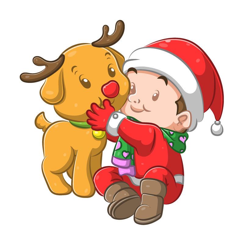 穿着圣诞服装的小男孩用假可爱的角拥抱他的狗