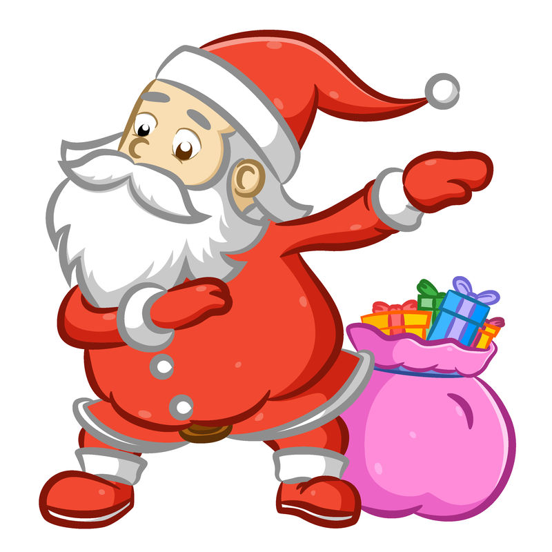 圣诞老人在粉红色袋子里的很多礼物旁边跳舞
