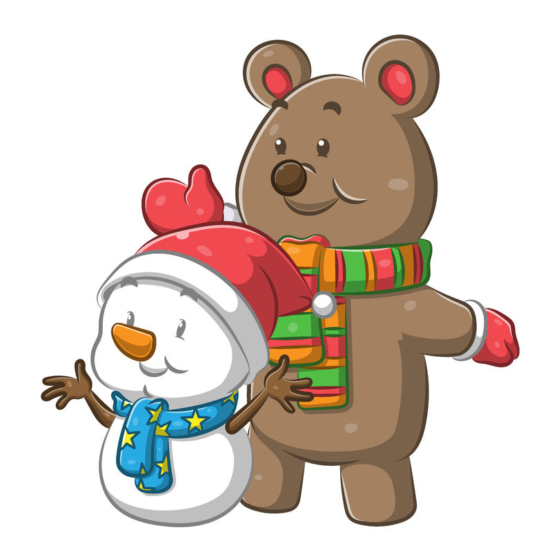 熊用围巾，小雪人用圣诞帽