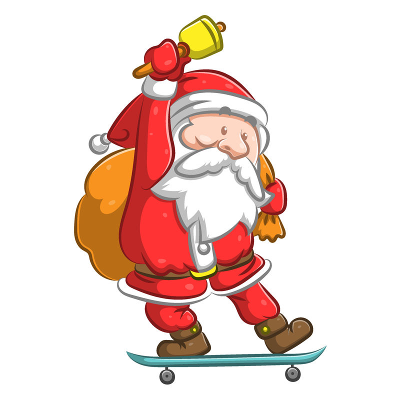 站在滑板上拿着铃铛的老圣诞老人