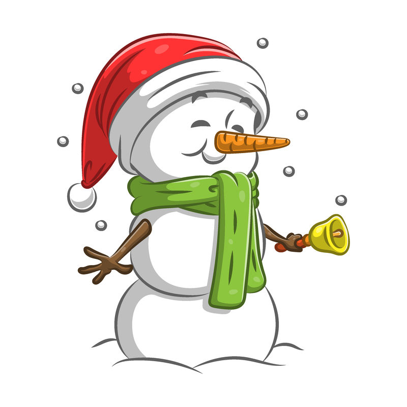 大雪人拿着铃铛，戴着绿领巾和圣诞帽