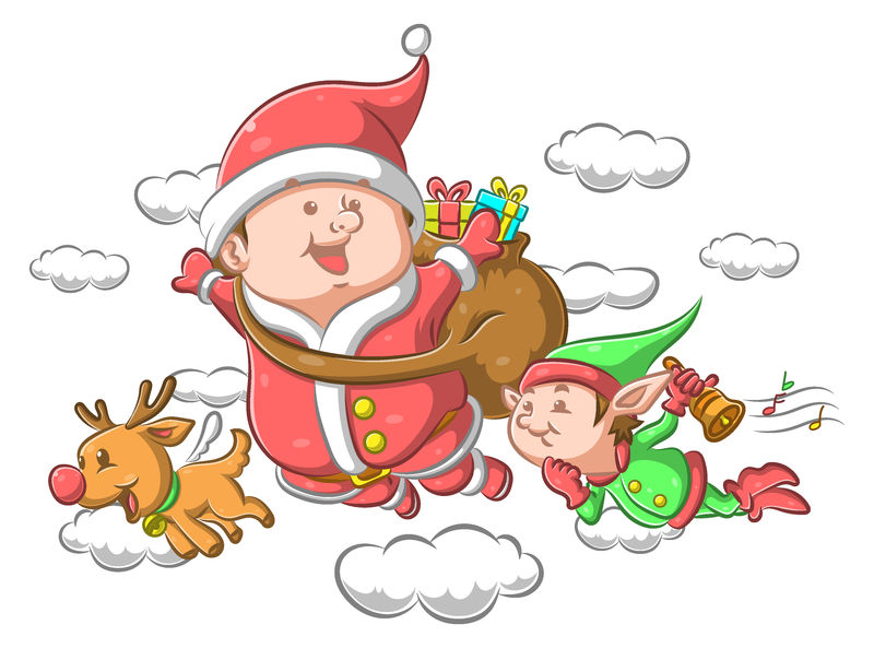 带着小精灵飞的圣诞老人给孩子们送礼物