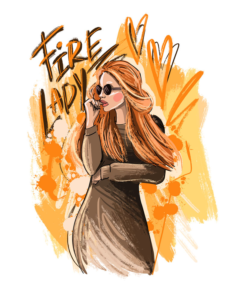 印有卡通图案的标语“火女士”女孩。矢量插图EPS 10