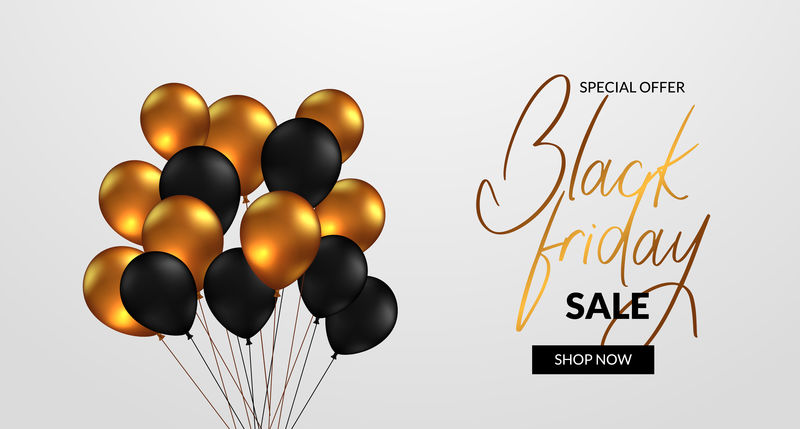 黑色星期五大减价海报横幅提供带有飞行的3d金色和黑色气球的折扣