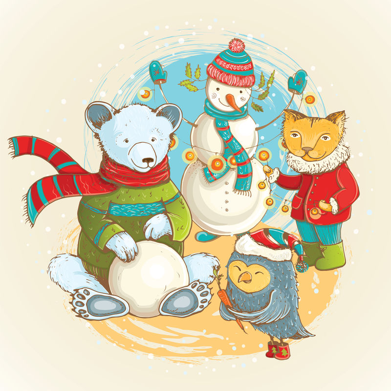 矢量圣诞插图可爱的动物和雪人