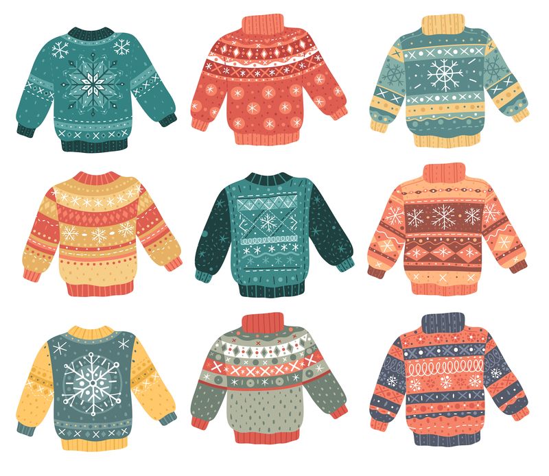 圣诞丑毛衣套装。丑陋的圣诞毛衣系列。新年晚会用卡通风格的装饰性针织物。传统节日套头衫矢量集