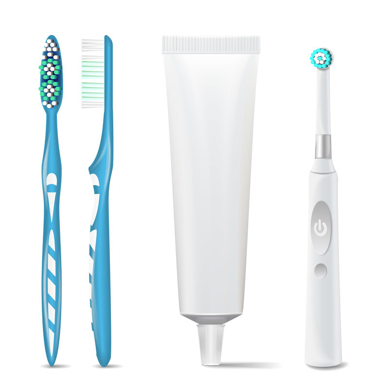 牙膏管，塑料和电动牙刷载体。品牌设计模型。孤立的牙科保健保健，卫生保健插图。
