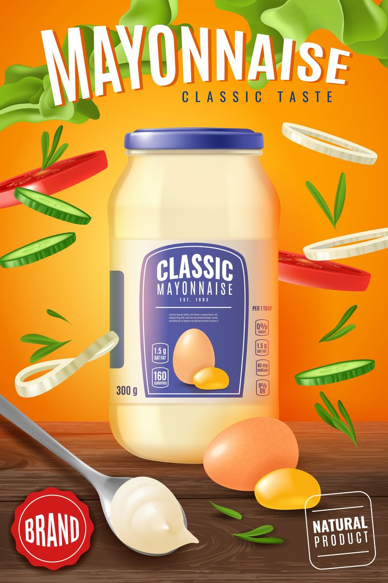 逼真的蛋黄酱插图。垂直广告海报与现实的蛋黄酱在一个玻璃罐和顶视图勺子与蛋黄酱斑点。蔬菜沙拉。矢量图解