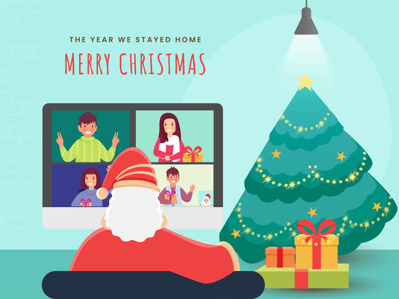 圣诞老人与人视频通话，礼品盒和