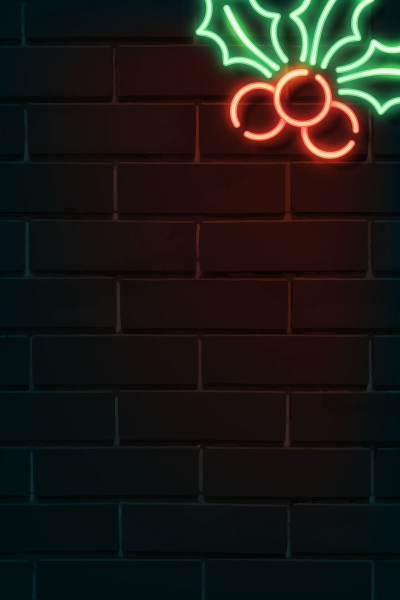 冬青浆果霓虹灯在深色砖墙矢量
