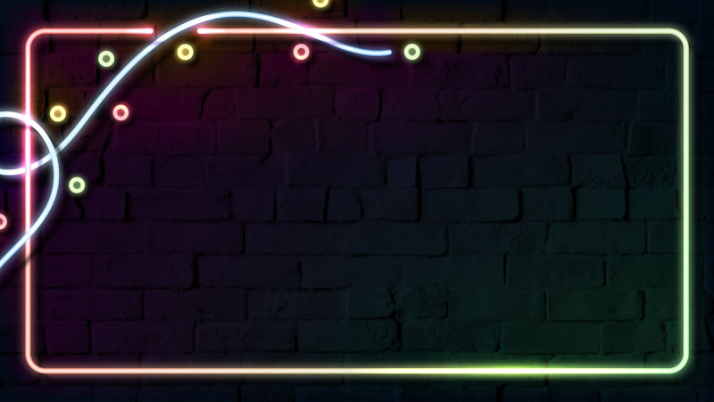 黑色砖墙矢量上的矩形彩色霓虹灯框设计