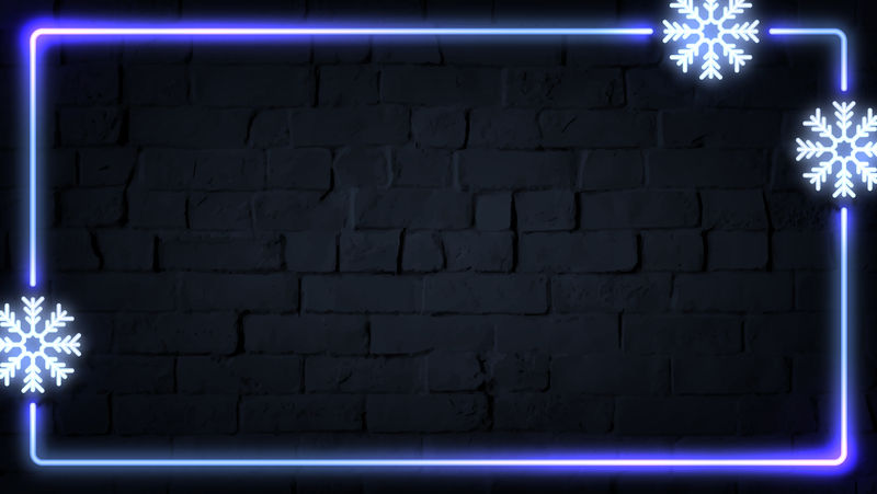 长方形霓虹灯框架设计与雪花在深色砖墙矢量