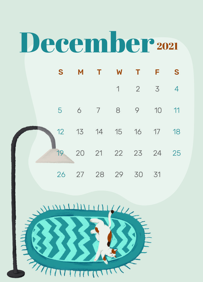 日历2021年12月可打印模板psd手绘生活方式