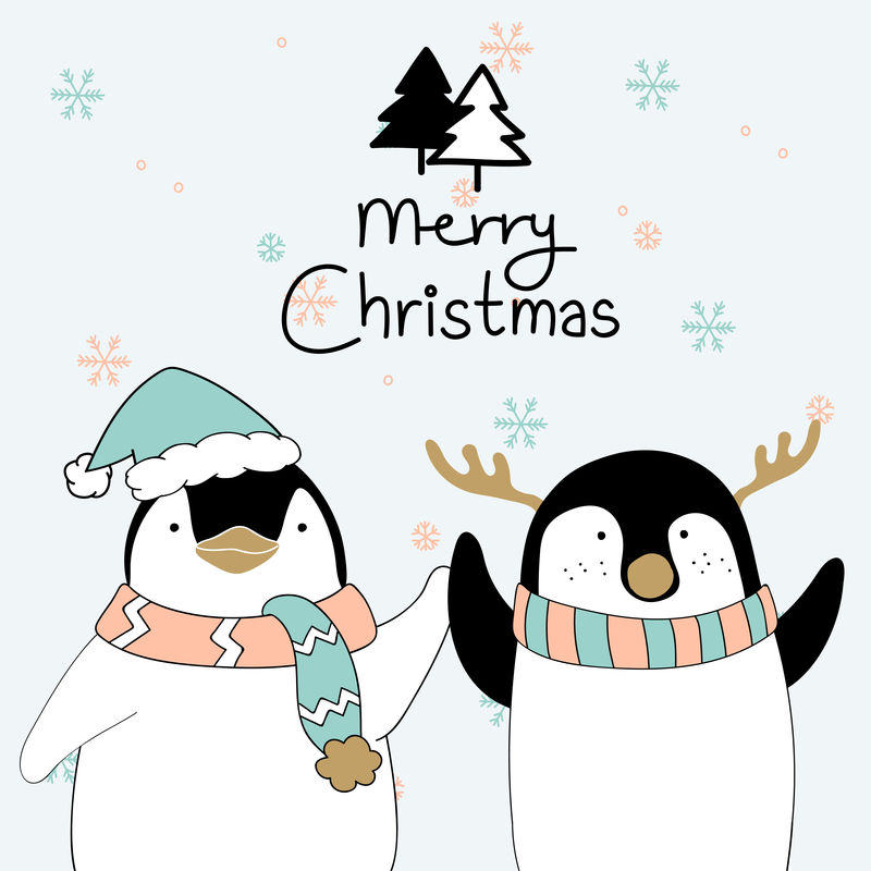 手绘企鹅祝圣诞快乐