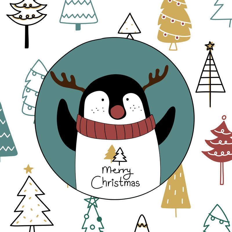 手绘企鹅祝圣诞快乐