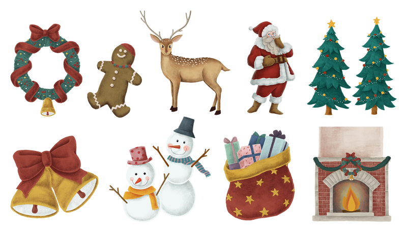 圣诞氛围节日节日png贴纸手绘套装