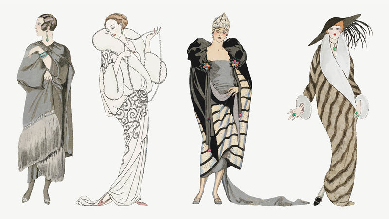 20世纪20年代女式时尚矢量冬季外套套装乔治·巴比尔艺术作品混搭