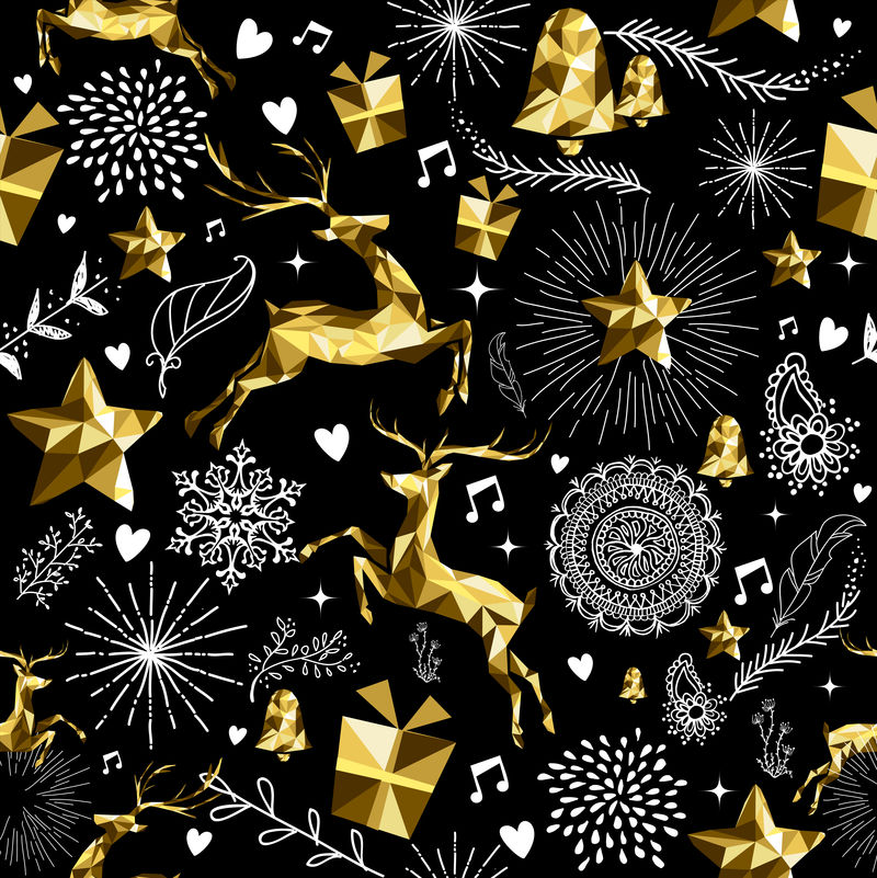 假日无缝图案金色低聚鹿复古款