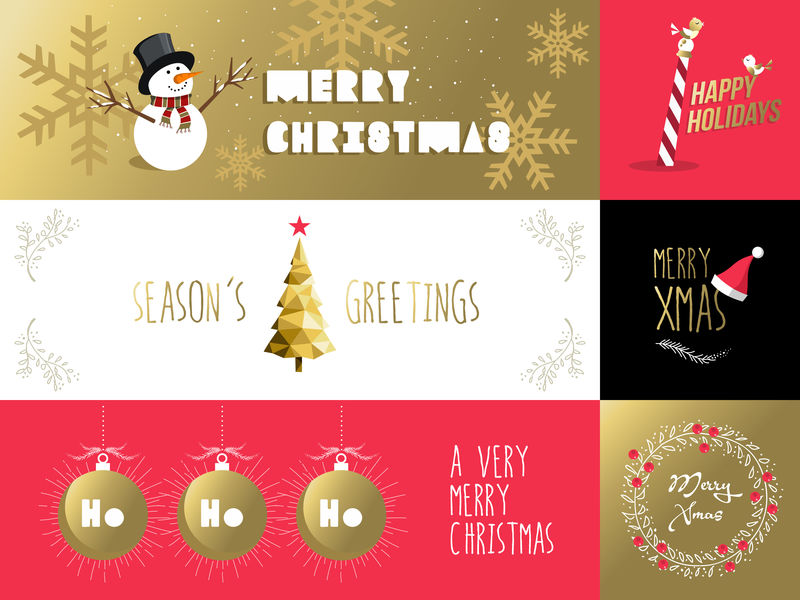 圣诞快乐横幅标签集金红色假日