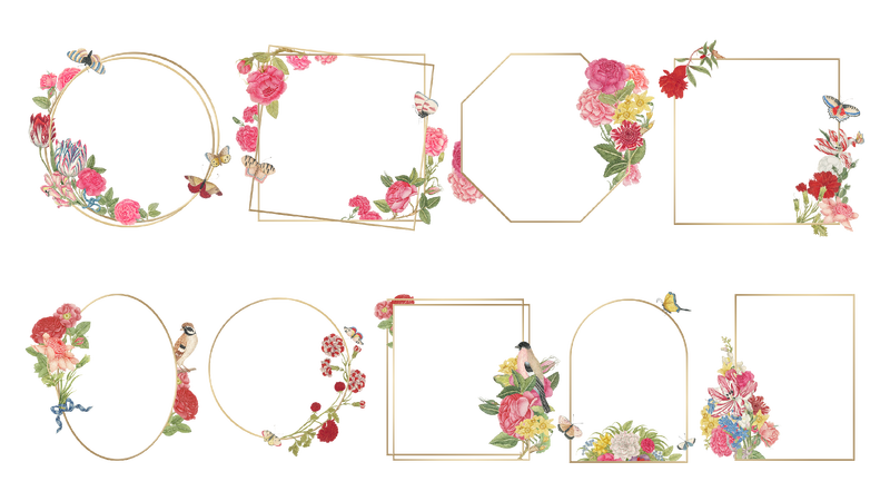 Png复古花卉金框套装由史密森尼档案馆18世纪的艺术品混合而成
