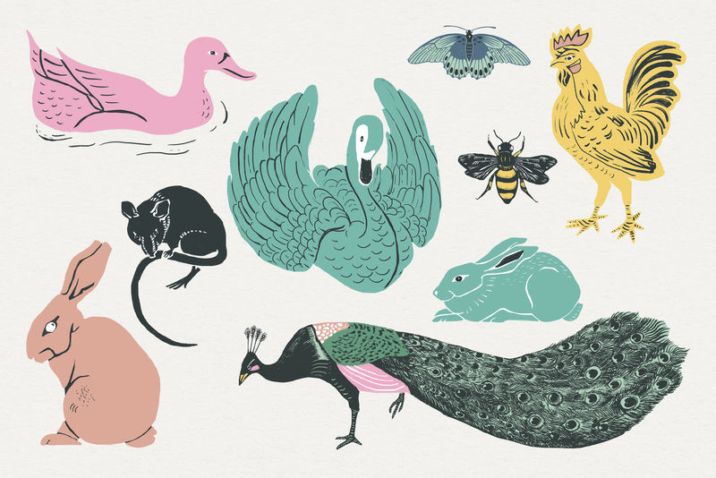 复古动物psd linocut风格套装