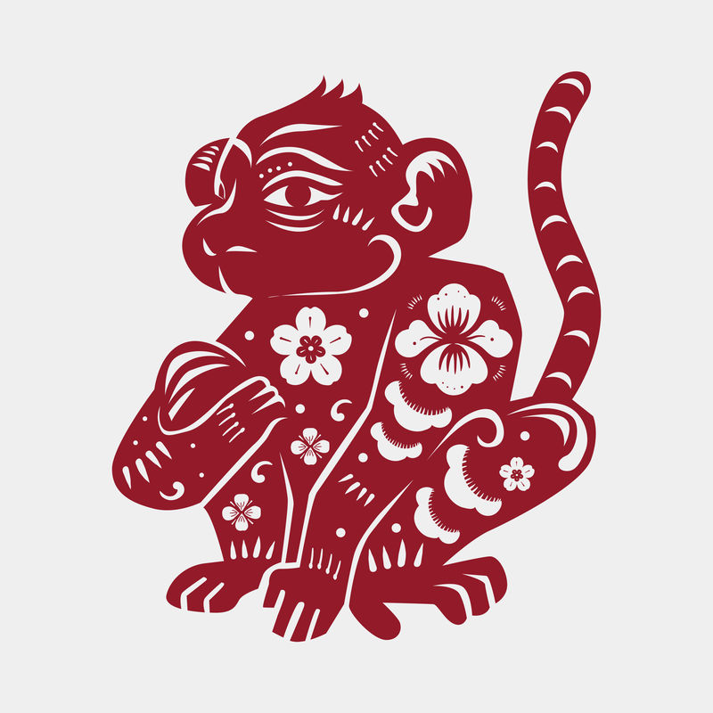 中国猴子动物psd贴纸红色新年插画
