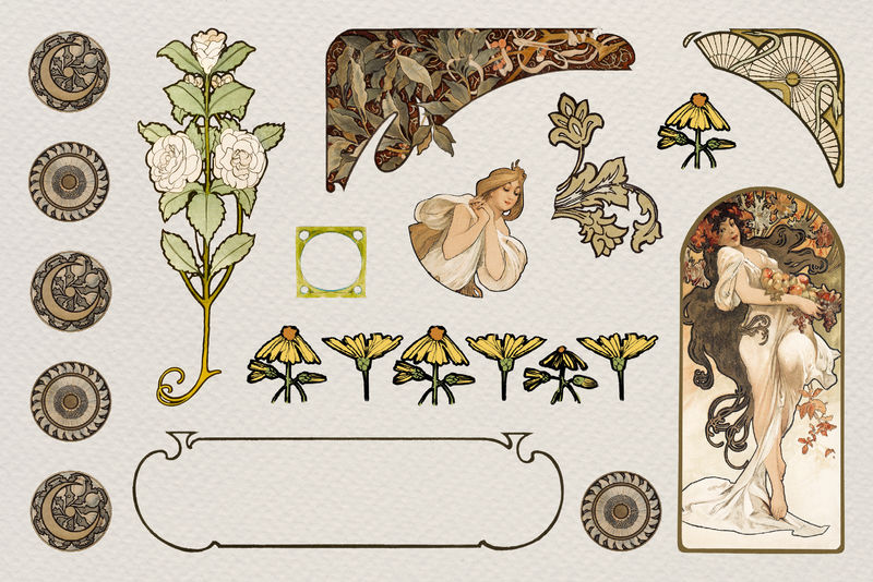 Woman and ornament art nouveau psd setremixed from the artworks of卧龙