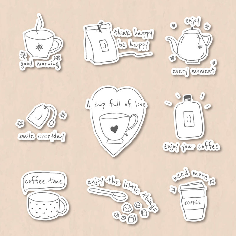可爱的咖啡涂鸦杂志贴纸集向量