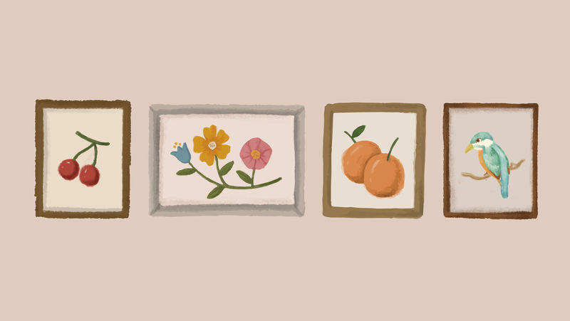 桃粉色墙壁上的相框草图样式向量