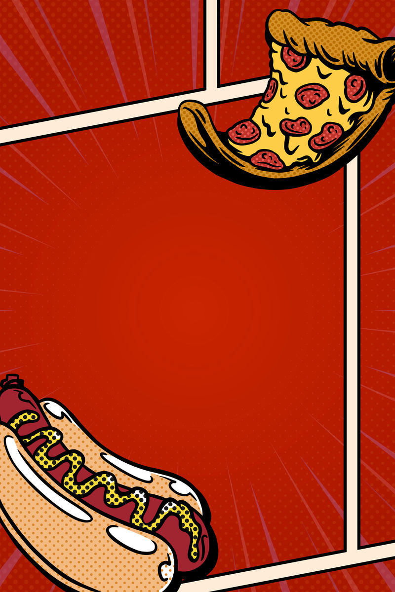 波普艺术热狗和比萨饼漫画模板向量